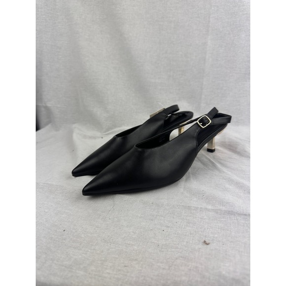 a new day Shoes - A New Day Womens Black Pointed Toe Slingback Kitten Heels Gold Sculptural Heel 8